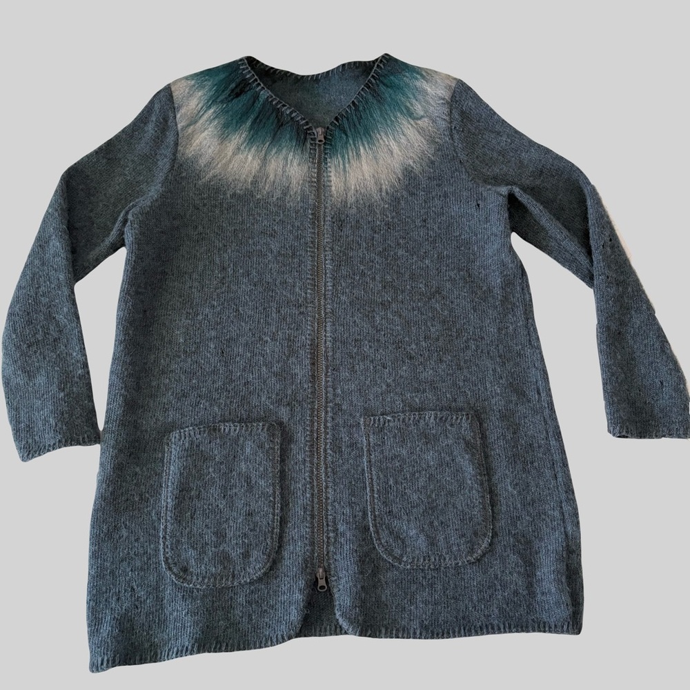Handmade Icelandic Wool Fair Isle‎ Zip Cardigan Grey Lagenlook Cozy Pockets